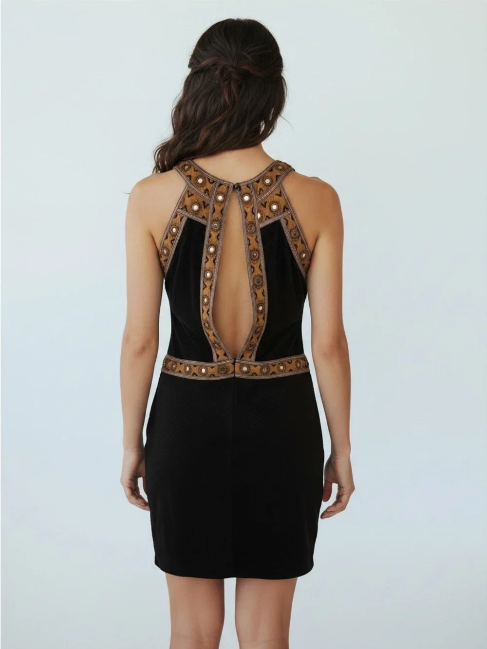 Free People Black Mini Dress with Tan-Gold Embellished Yoke
